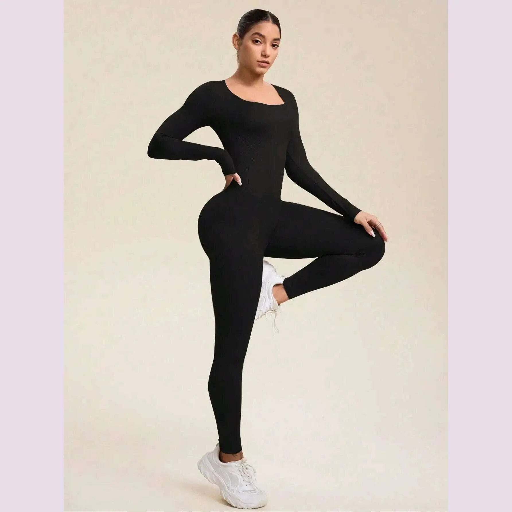 Women Jumpsuits Long Sleeve Sexy Backless Bodycon Rompers Scrunch Butt V Back Playsuit Workout Bodysuit