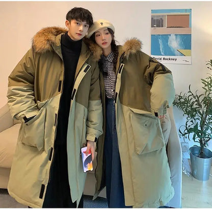 Men's Parkas Hooded Down Jacket Couple Mid-length Over-the-knee Loose Animal Fur Collar Jackets Zipper Pockets Thick Tops Coat