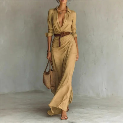 Elegant Solid Color Irregular Pleated Dress Belt Women's Autumn New Item Single Breasted Long Sleeved Shirt Long Frock Vestidos
