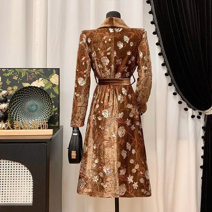 Luxury Design Women's Clothing Lapel Trench Coat Belt Sequin Embroidery Long Trench Coat High Quality Vintage Harajuku Outerwear