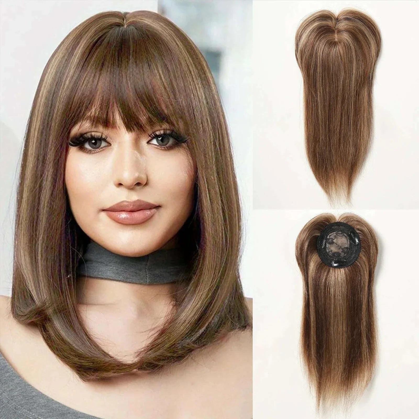 10/12/14 inches Hair Toppers for Women Brown Blonde Ombre Human Hair Toppers Silk Base Clips in Hair Extension Topper With Bangs