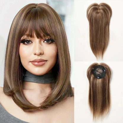 10/12/14 inches Hair Toppers for Women Brown Blonde Ombre Human Hair Toppers Silk Base Clips in Hair Extension Topper With Bangs