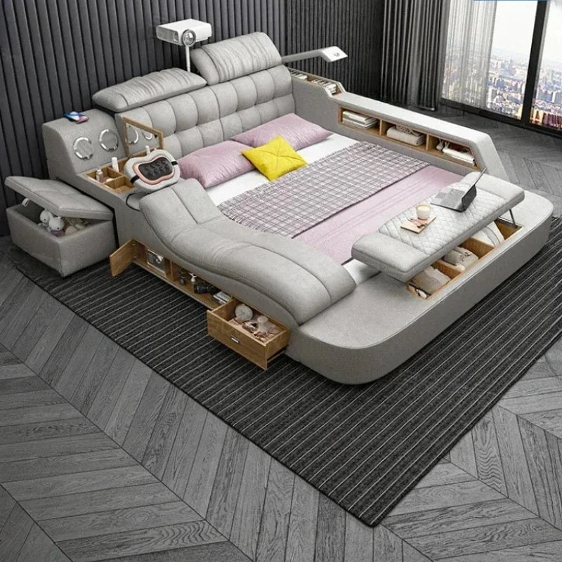 Nordic Smart Modular Double Bed Master Storage Luxury Designer Double Bed Multifunctional Leather Camas Matrimonial Furniture