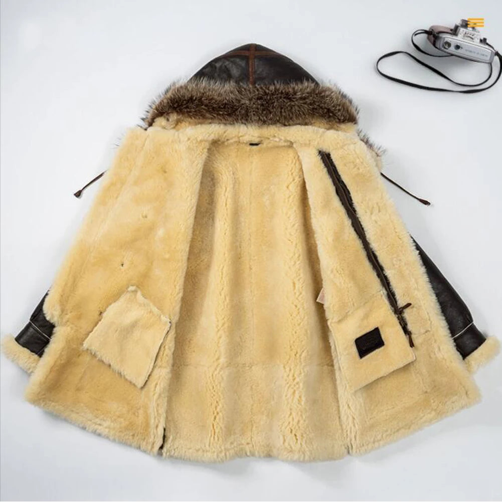 Denny&Dora Men's Shearling Jacket Hood Thick Warm Winter Sheepskin Coat Dark Brown Leather Jacket