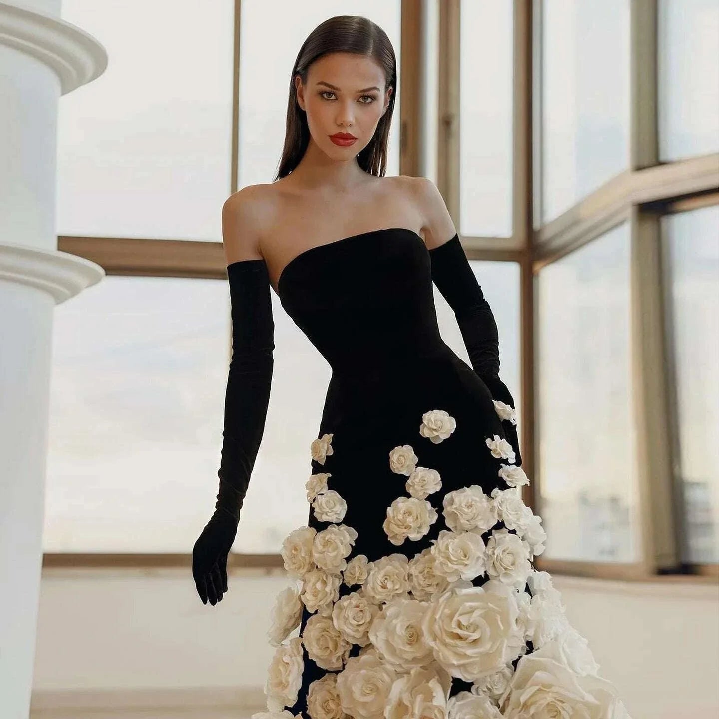 Sharon Said Luxury Dubai Black Velvet Strapless Evening Dress with Gloves 3D Flowers Women Wedding Party Gowns SS248 Customized