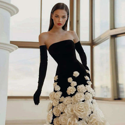 Sharon Said Luxury Dubai Black Velvet Strapless Evening Dress with Gloves 3D Flowers Women Wedding Party Gowns SS248 Customized