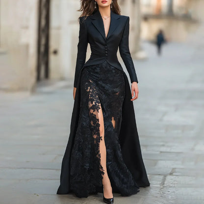 Black Suit Evening Dress Customized V-Neck Long Sleeves Lace Applique Mermaid Evening Gowns Long Satin Formal Party Dresses