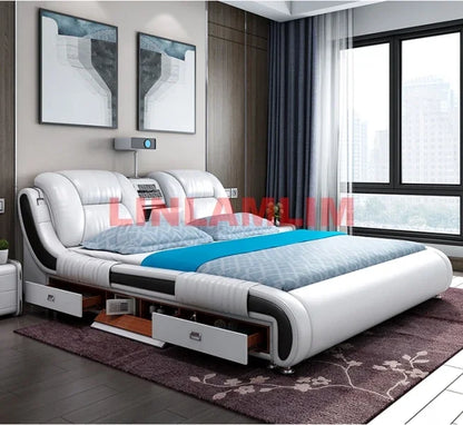Genuine Leather Bed Multifunctional Beds Ultimate Massage Camas with Bluetooth,Speaker,Safe,Air Cleaner,...