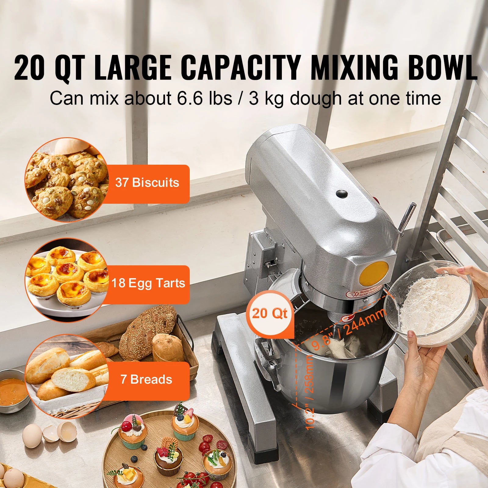 SucceBuy Commercial Food Mixer Commercial Stand Mixer with 3 Speeds Dough Mixer with Stainless Steel Bowl and 3 Attachments - Kimlud