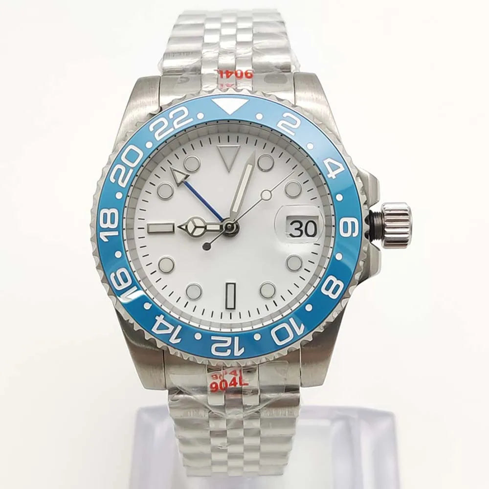 Men's New Elegant White GMT Watch, NH34 Movement, Sapphire Glass, Stainless Steel Waterproof Men's Mechanical Watch