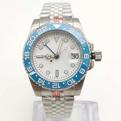 Men's New Elegant White GMT Watch, NH34 Movement, Sapphire Glass, Stainless Steel Waterproof Men's Mechanical Watch