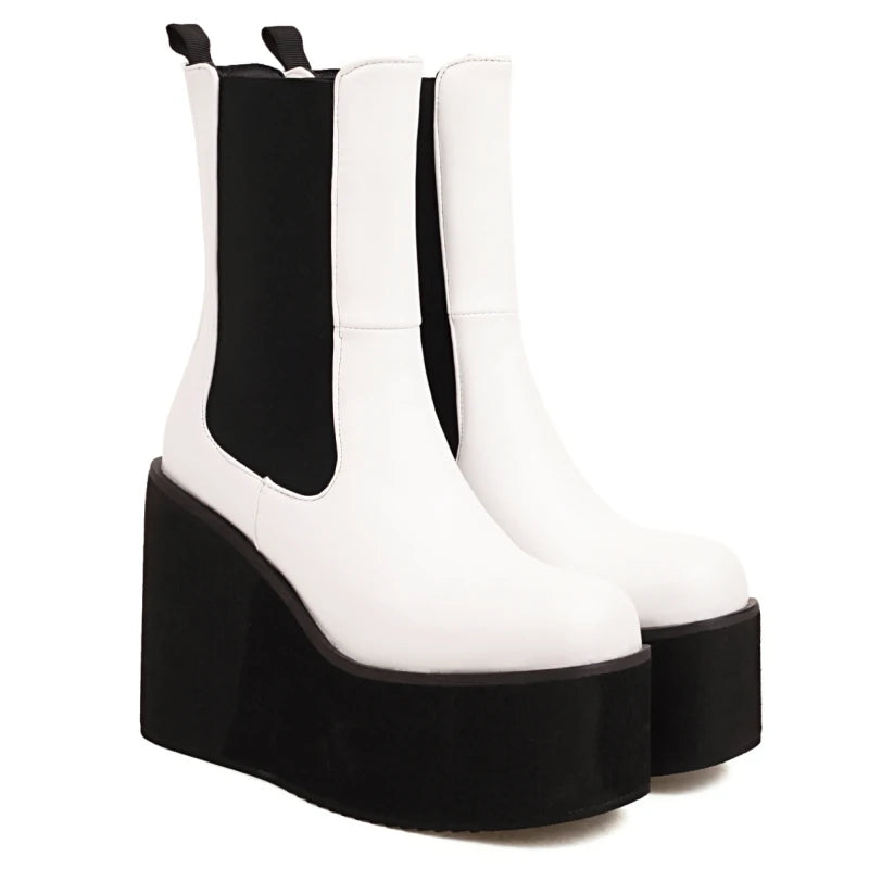 Platform Ankle Boots For Women Shoes Black White Wedges High Heels Gothic Boot Casual Autumn Winter Shoes Female Waterproof