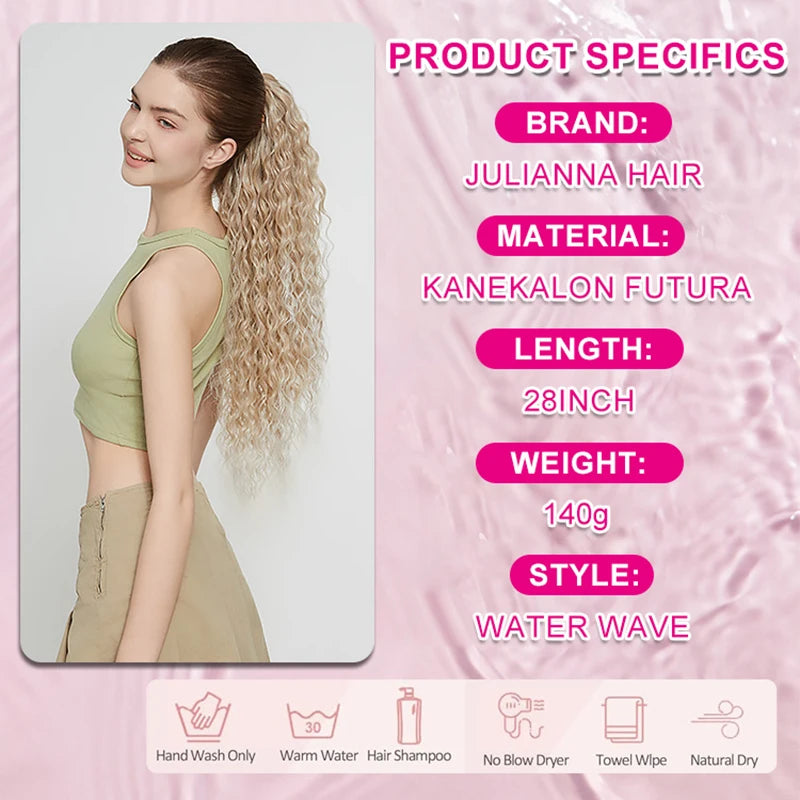 Julianna Synthetic Kanekalon Black Drawstring Water Wave Ponytail Extension Female Curly Wavy Clip In Ponytail Hair Extension