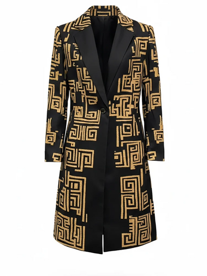 Modigirl 2026 New Spring Women's  Vintage Midi Length Coat Urban Trendy Golden Meander Print Long Jackets Pockets female