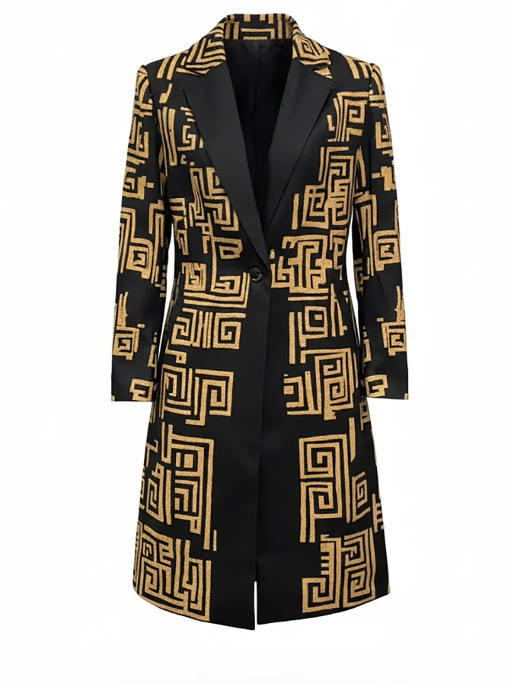 Modigirl 2026 New Spring Women's  Vintage Midi Length Coat Urban Trendy Golden Meander Print Long Jackets Pockets female