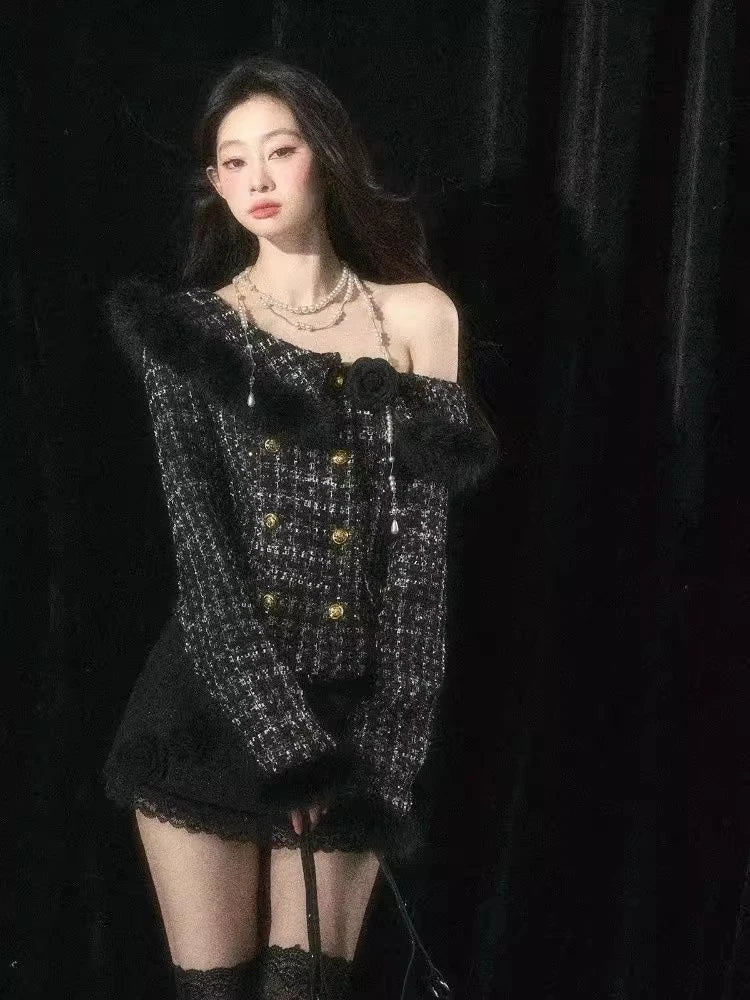 New Winter Elegant Fashion 2 Piece Set Women Off Shoulder Long Sleeve Cardigan Coat +Mini Skirt French Casual Chic Retro Outfits