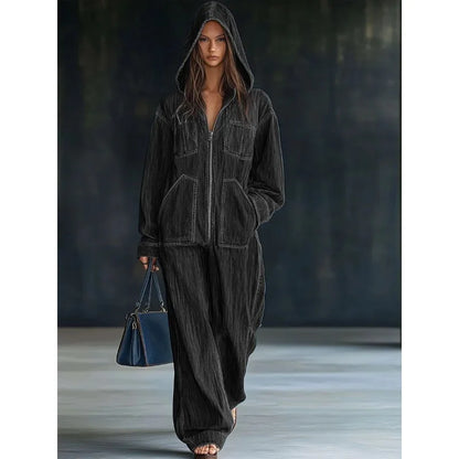 Autumn Winter Hooded Jumpsuits for Women Hoodie Long Sleeve Zip Loose Pocket Wide Leg Trousers One Piece Romper Vintage...