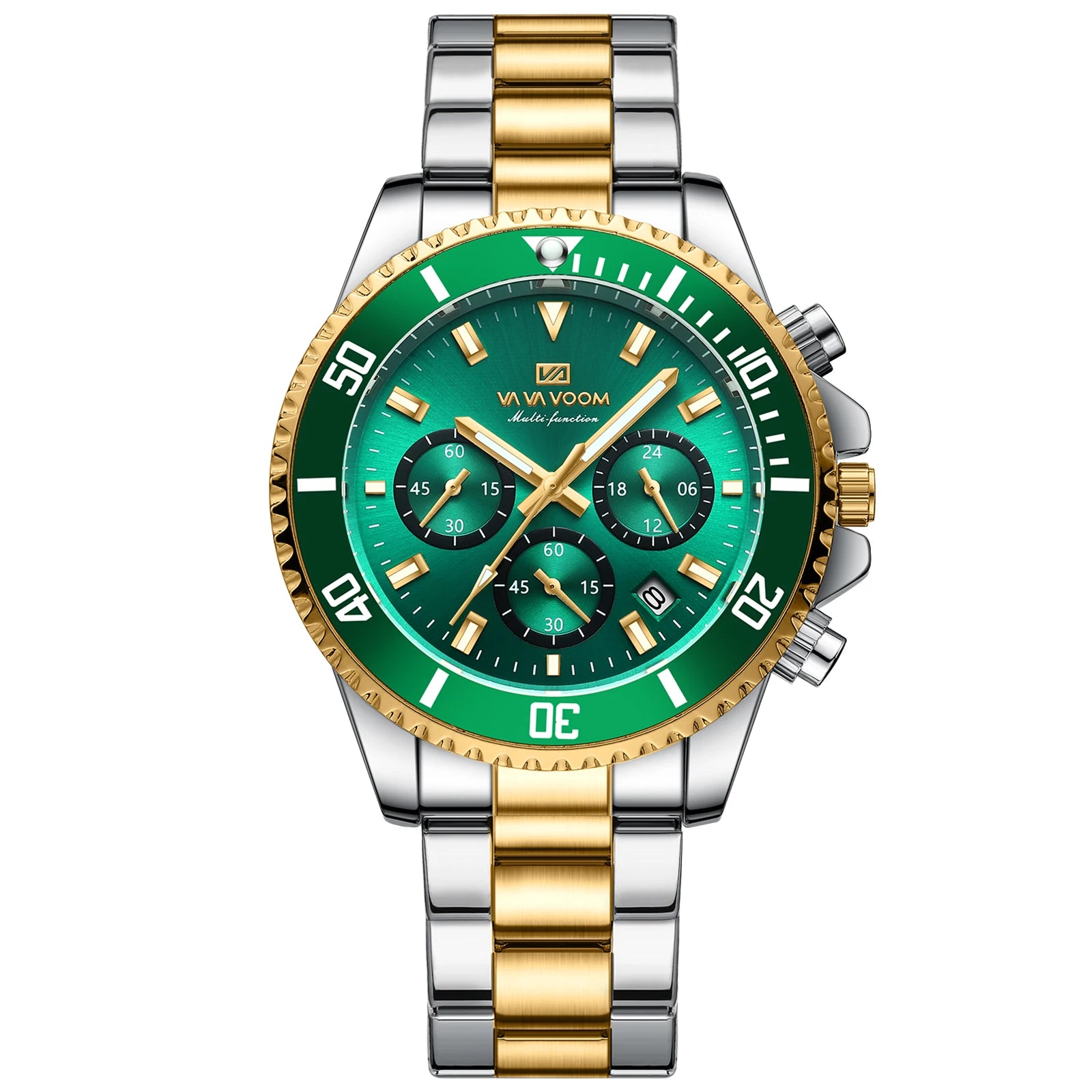 Stainless Steel Mens Sports Watch Fashion Green Swimmer Series Multi functional Gold Luxury Gift Box Set Top Grade Quartz Watch