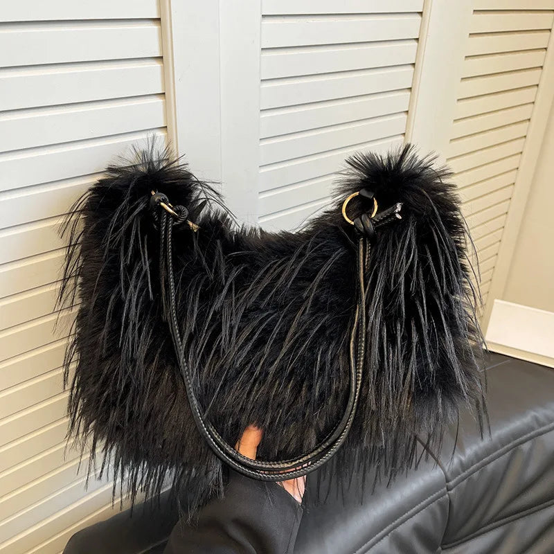 Trendy Large Capacity Plush Tote Bag Women's Crossbody Commuter Armpit Bag Street Style Fashion Soft Synthetic Leather Interior