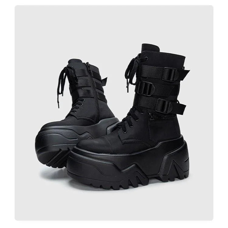 Women Ankle Booties Autumn Leather Chunky Shoes Woman High Platform Breathable Sneakers 9CM Thick Sole Wedges Motorcycles Boots