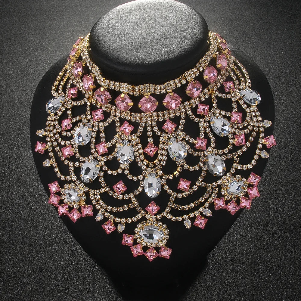 Pink Exaggerated Choker Necklace for Women Wedding Jewelry Gifts Charming Oversize Rhinestone Chunky Choker Chain Drag Queen