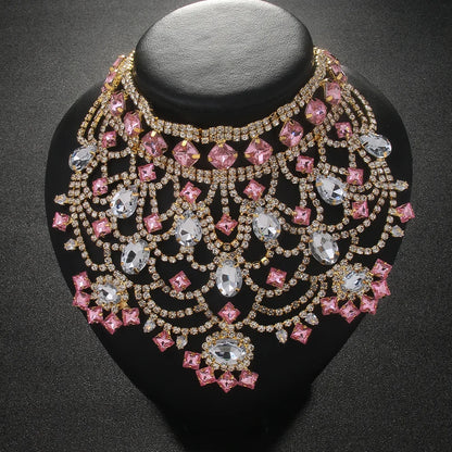 Pink Exaggerated Choker Necklace for Women Wedding Jewelry Gifts Charming Oversize Rhinestone Chunky Choker Chain Drag Queen