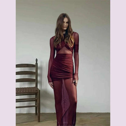 Elegant Mesh Patchwork Long Dresses Bodycon Package Hip Party Club Evening Dress Sexy Double Layer Perspective Vestidos Clothing