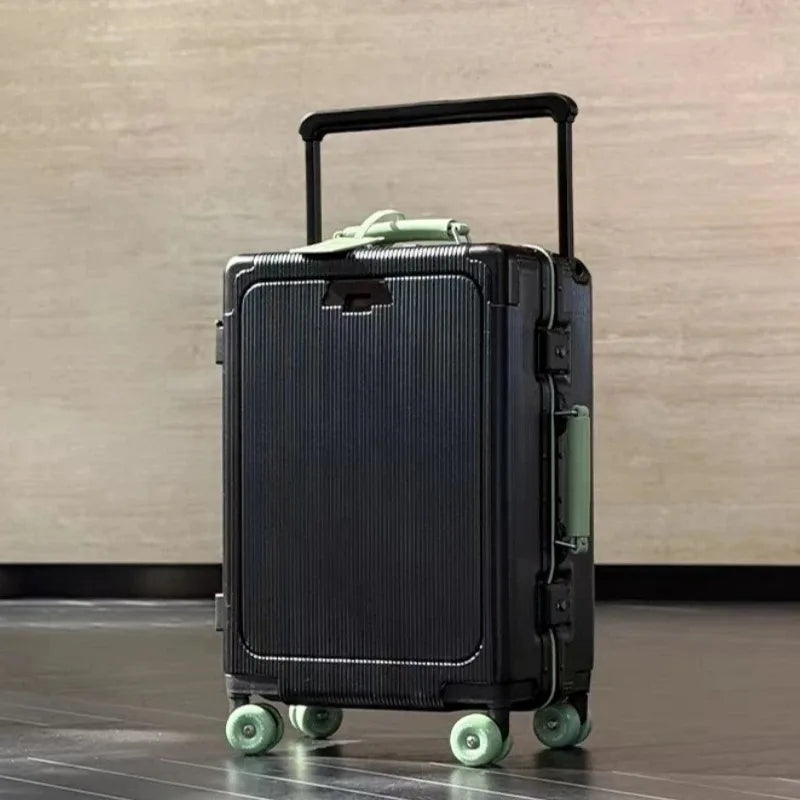 Front Opening Pocket Rolling Luggage Aluminum Frame Wide Handle Trolley Suitcase with Colorful Silent Wheels & USB Charging Plug