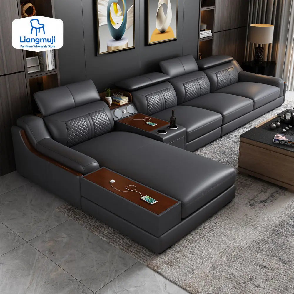 Stylish Italian Genuine Leather Sofa for Living Room with Cup Holder, USB, Adjustable Headrests & Bluetooth Speaker -...