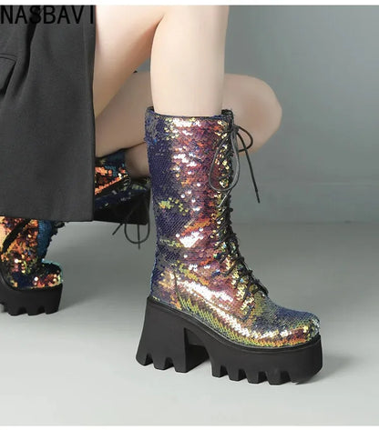NASBAVI Sequins Cloth Bling Shiny Green Fish Scale Pattern Lace-up Punk Goth Women Winter Shoes Chunky Heels Mid-calf Boots 43