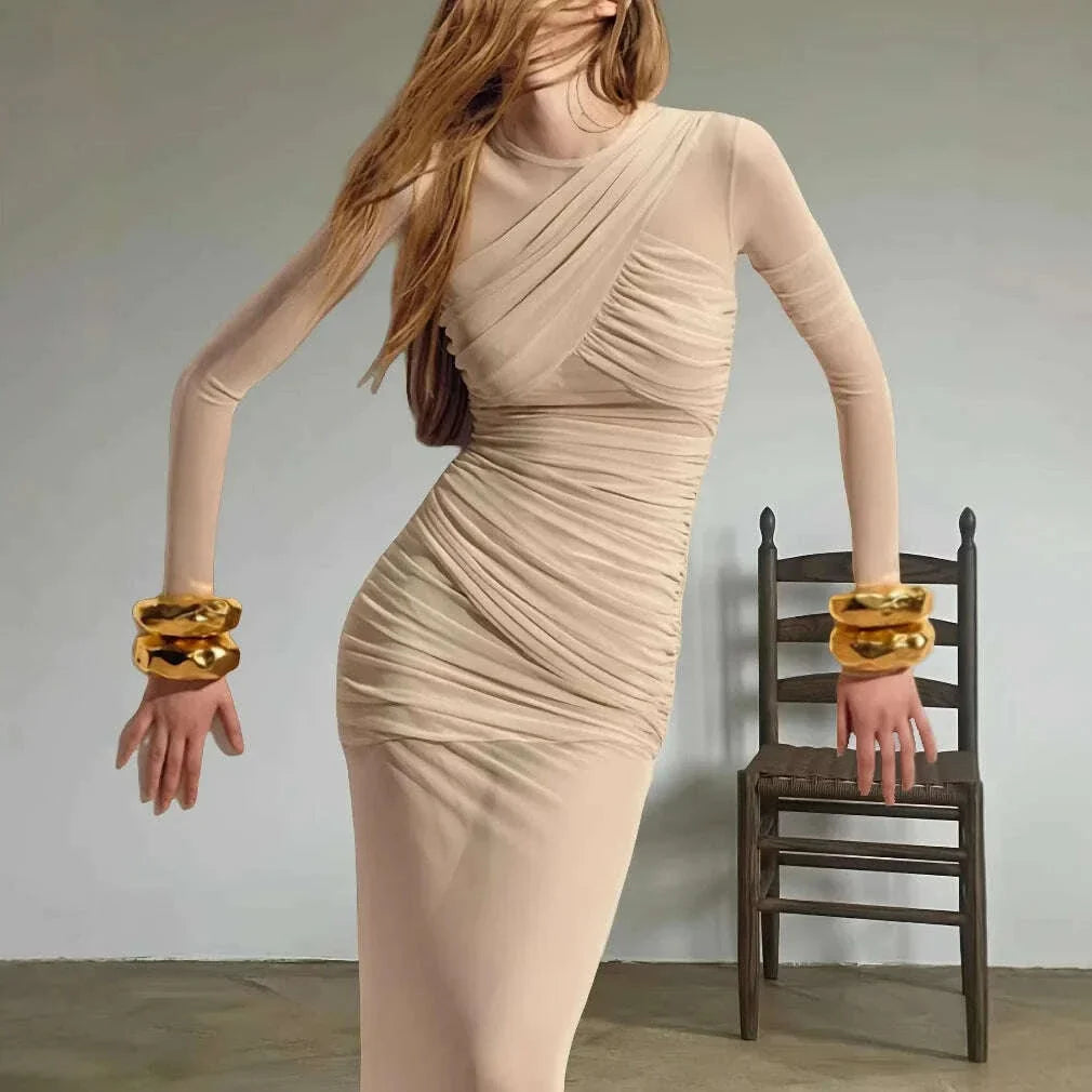 Elegant Mesh Patchwork Long Dresses Bodycon Package Hip Party Club Evening Dress Sexy Double Layer Perspective Vestidos Clothing