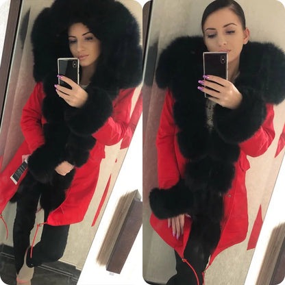 MAOMAOKONG 2024 Winter Women Coat Natural Fox Fur Collar Cuff Black Jackets Outwear Thick Luxury Real Fur Parka Women's Fur Coat