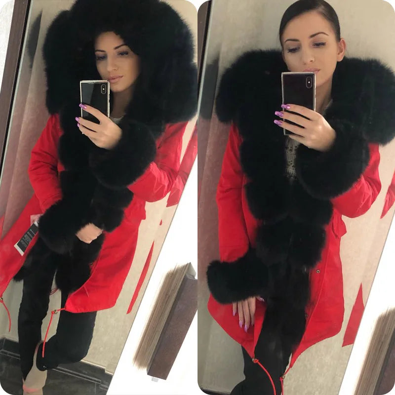 MAOMAOKONG 2024 Winter Women Coat Natural Fox Fur Collar Cuff Black Jackets Outwear Thick Luxury Real Fur Parka Women's Fur Coat