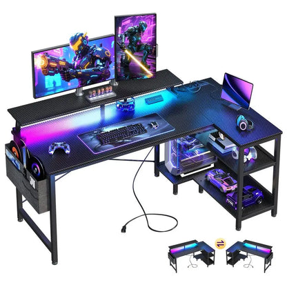 48 Inch Gaming Desk with USB Charging Ports and LED Lights, Reversible L Shaped Computer Desk with Storage Shelves amp Monitor