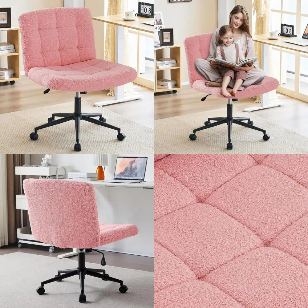 Adjustable Height Swivel Desk Chair with Wheels, Faux Fur Pink, Comfortable for Home Office and Vanity Use