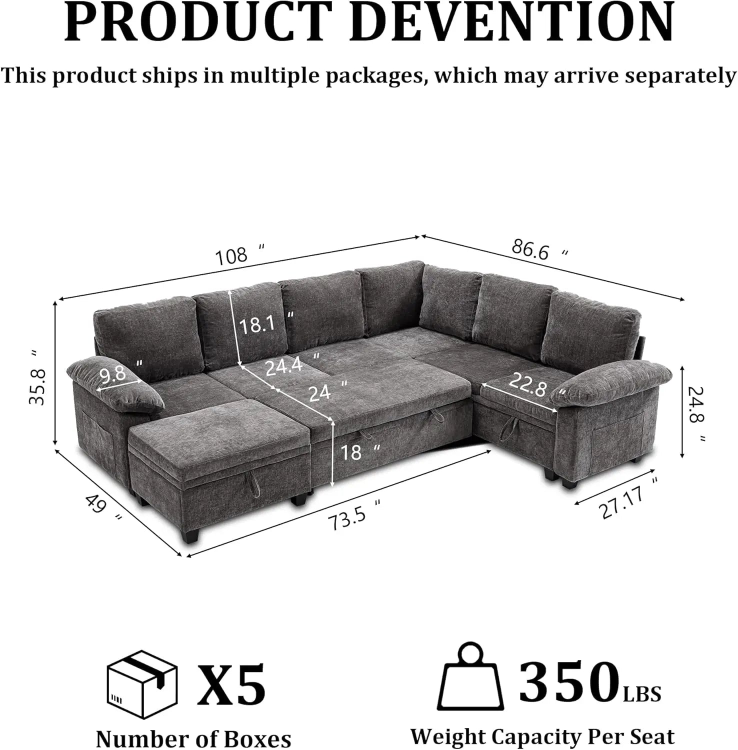 108 Inch Sectional Sleeper L Shaped Sofa with Pull Out Bed, 7 Seat Modular Sectional Sofa with Storage, Modern Chenille...