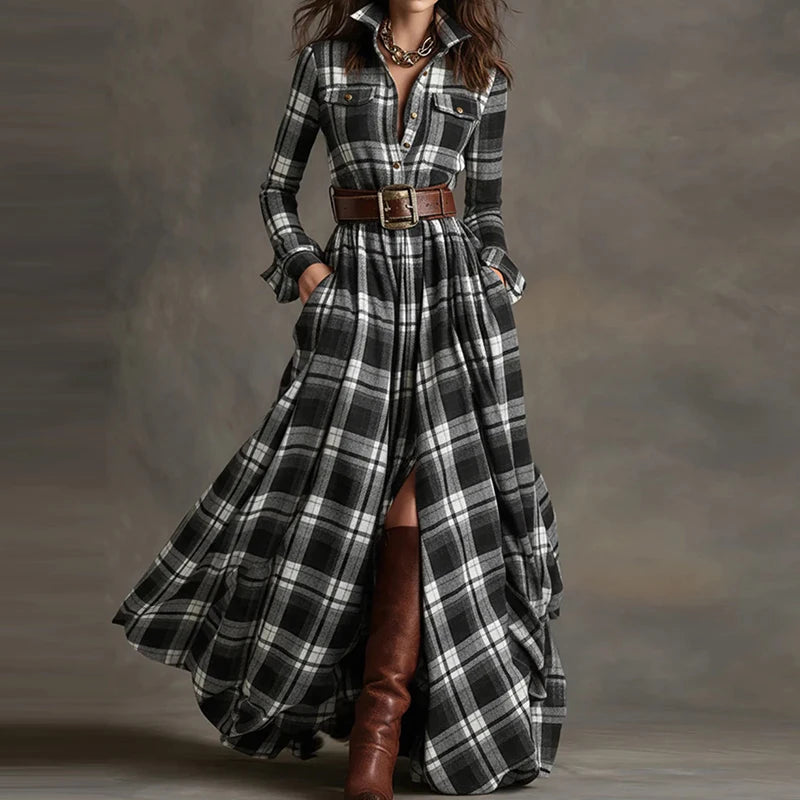 2025 Turn-Down Collar Patchwork Party Dress, Women Spring Autumn Long Sleeve Chic Maxi Dress, Plaid Printed Loose Cardigan Dress