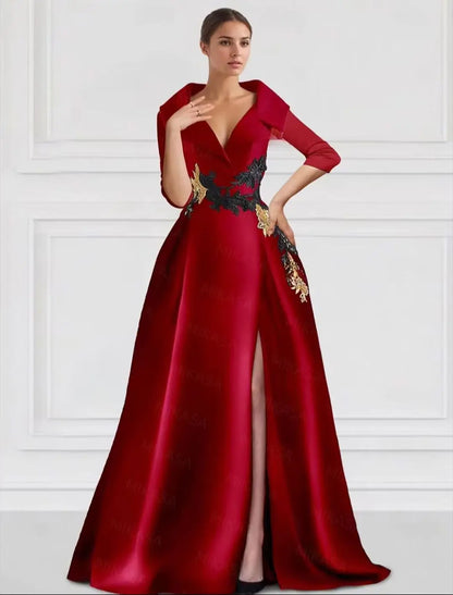 Classic Satin Evening Dresses For Women Wedding Party Guest V-neck Three Quarter A-line Side Slit Elegant Prom vestidos de gala