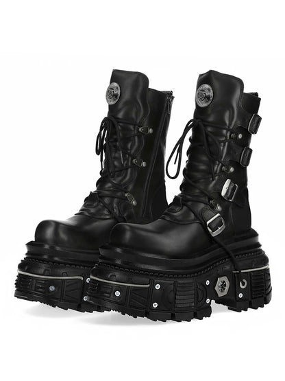 Metal Rivet Platform Cross Tie Motorcycle Boots Female Rock Round Head Fashion Retro Short Boots Goth Style Platform Boots