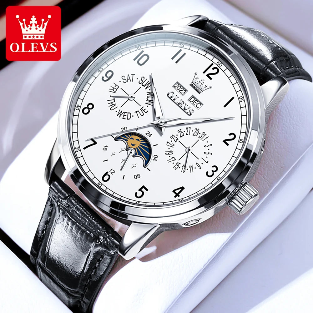 OLEVS 6698 Mens Watch Luxury Dress Brand Moon Phase Automatic Mechanical Watch For Men Leather Waterproof Dual Calendar...