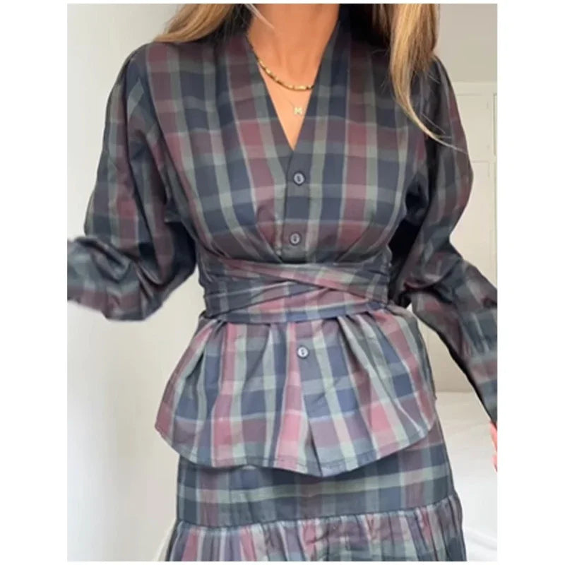 Casual V-neck Checkered Lace Up Suit Women Fashion Long Lantern Sleeves Single-breasted Slim Set 2025 Lady Commute street Outfit