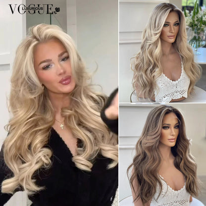 LUX VOGUE Brown Diamond Sheen Balayage Color 100% Virgin Hair Wig 260% Density Beachy Waves  13x6 Upgrade Nude Color Lace Wig