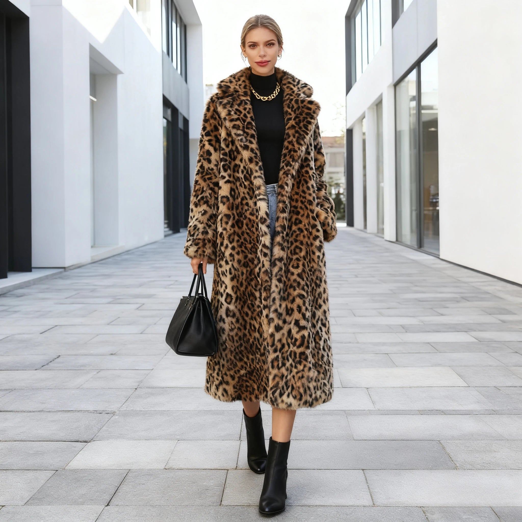 Leopard Faux Fur Women Long Coats Autumn Winter Print Jackets Turn Down Collar Maxi Punk Gothic Coat Thick Warm Open Stitch