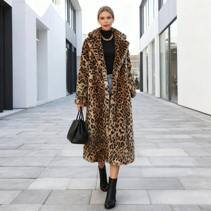 Leopard Faux Fur Women Long Coats Autumn Winter Print Jackets Turn Down Collar Maxi Punk Gothic Coat Thick Warm Open Stitch