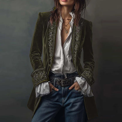 Ethnic Retro Floral Print Velvet Woman Blazer Jacket Sexy Notched Collar Slim Autumn Outerwear Long Sleeve Winter Cardigans Coat