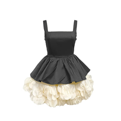 VC Elegant Black Mini Dress with Peplum and White Ruffle Accents for Upscale Casual Gatherings