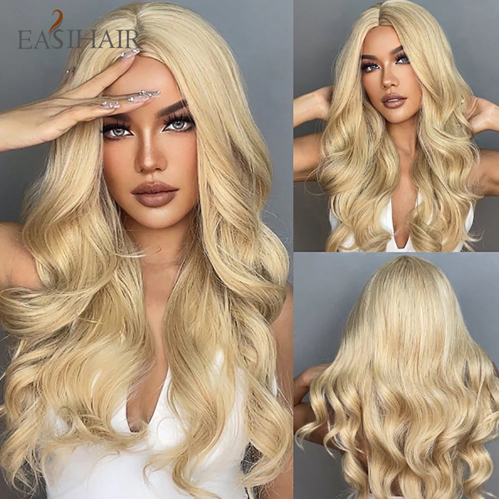 EASIHAIR Sandy Blonde Golden Wavy Synthetic Wigs with Long Bangs Cosplay Lolita Party Hair Wigs for Women Natural Heat Resistant