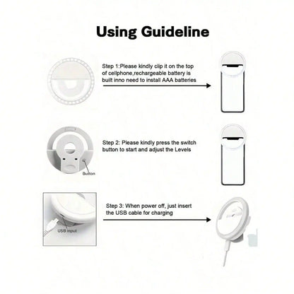 1pc Portable LED Selfie Light, USB Rechargeable Clip-On Ring Lamp With Adjustable 3-Level Brightness, Compact Travel Gadget