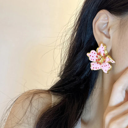 HUANZHI Enamel Pink Flower Stud Earring Irregular Petal Vintage Drip Oil Elegant Sweet Jewerly Gift for Women Girls