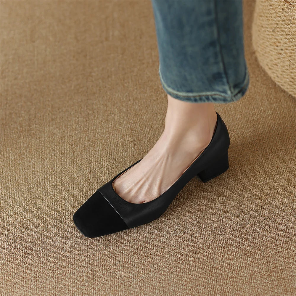 danxuefei plus size 34-42 women's genuine leather square toe slip-on pumps OL style elegant ladies 5cm thick low heel shoes sale - Kimlud